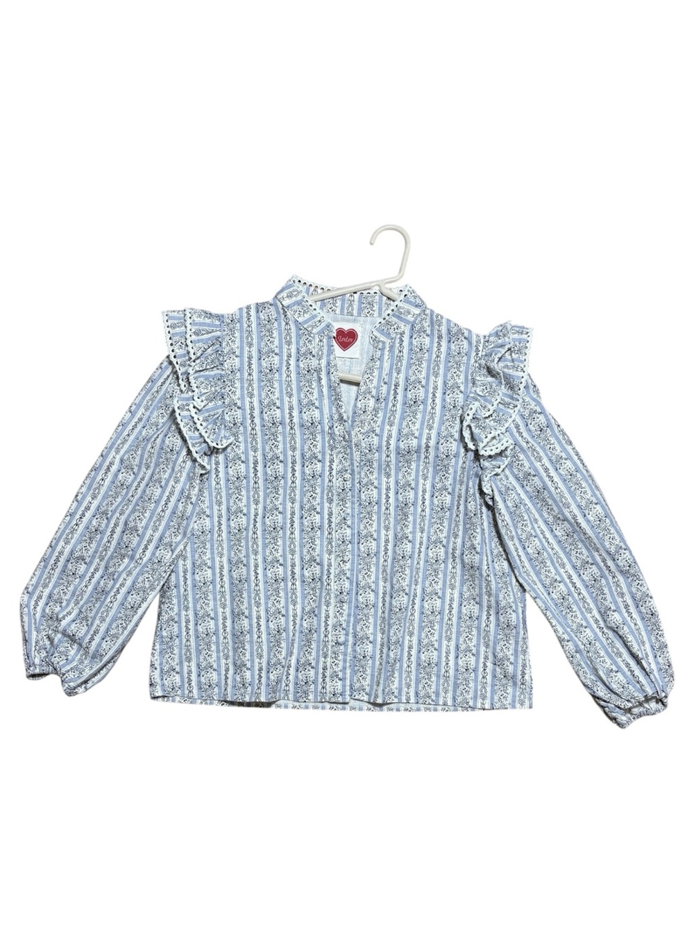 LovLov 100% Cotton Striped Floral Ruffle Prairie Blouse NWOT Cream/Blue Sz M